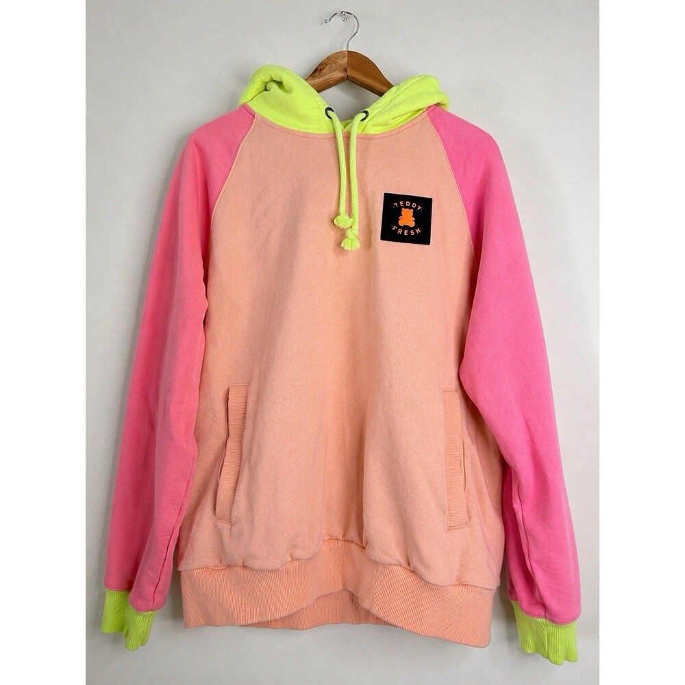 Teddy Fresh Colorblock Hoodie Pink Neon Green Pullover Sweatshirt Large